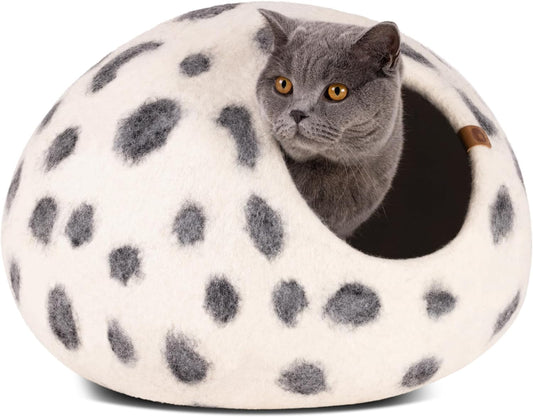 MEOWFIA Cat Cave – Premium Felt Cat Bed for Indoor Cats, Handmade 100% Merino Wool (Medium, Snow Leopard)