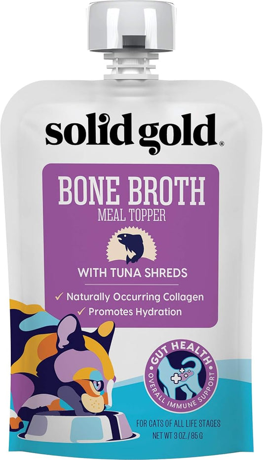 Solid Gold Bone Broth Cat Food Topper - Lickable Wet Cat Food with Protein Shreds for Hydration - Easy to Serve Wet Cat Food Gravy Bone Broth for Cats - Healthy Cat Snacks Treats - Tuna - Single