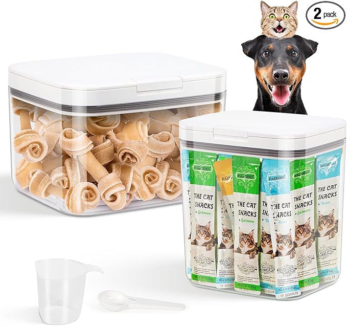 2 Pack Large Dog Treat Container Bins 2 Qt + 3 Qt with One-Press Flip-up Lid, Airtight Pet Dog Cat Treat Jar for Countertop, Pet Biscuit Canister Cookie Holder