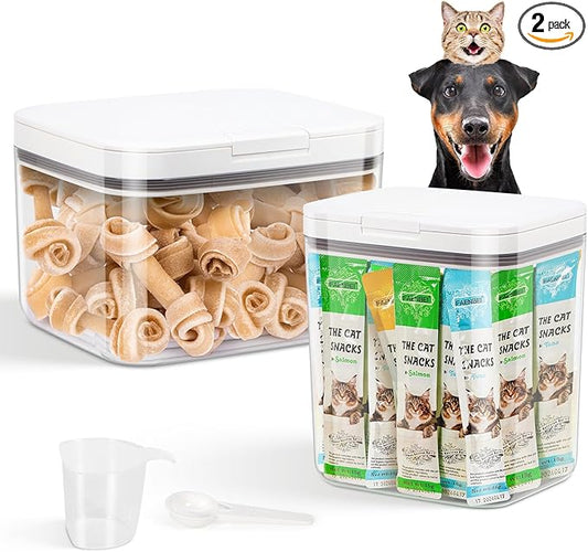 2 Pack Large Dog Treat Container Bins 2 Qt + 3 Qt with One-Press Flip-up Lid, Airtight Pet Dog Cat Treat Jar for Countertop, Pet Biscuit Canister Cookie Holder