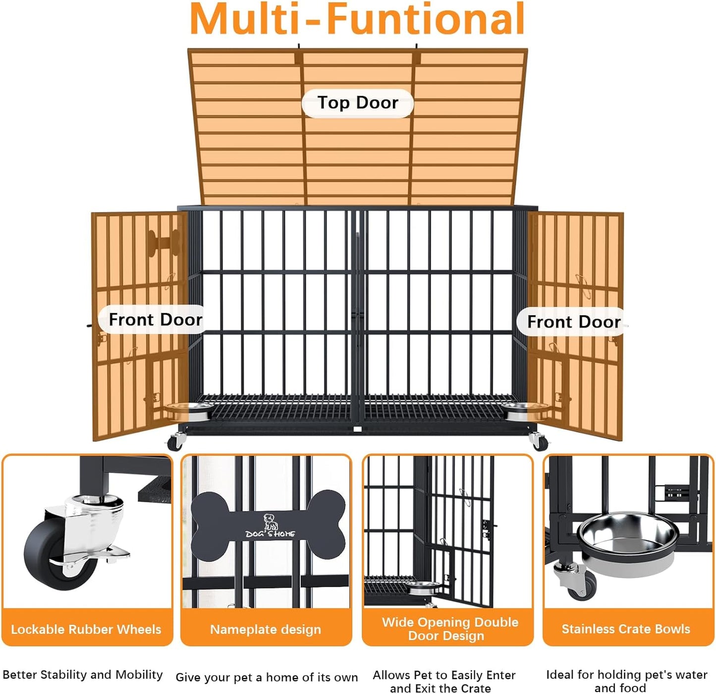 aboxoo 48 inch Stackable Heavy Duty Metal Dog Crate for 4 Dogs/Large Dog,All Metal Open Top Access,Escape Proof Cage,Dog Kennel Indoor with Wheels,Floor Grid, Tray, Divider and Feeding Bowl