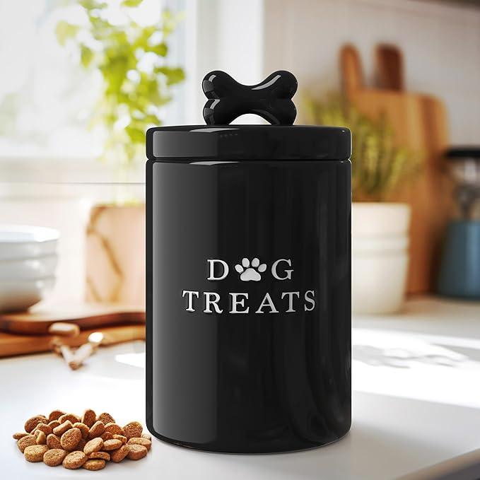 Barnyard Designs Large Dog Treat Container Airtight with Lid, Cute Rustic Ceramic Dog Treat Storage Jar for Kitchen Counter (Black)
