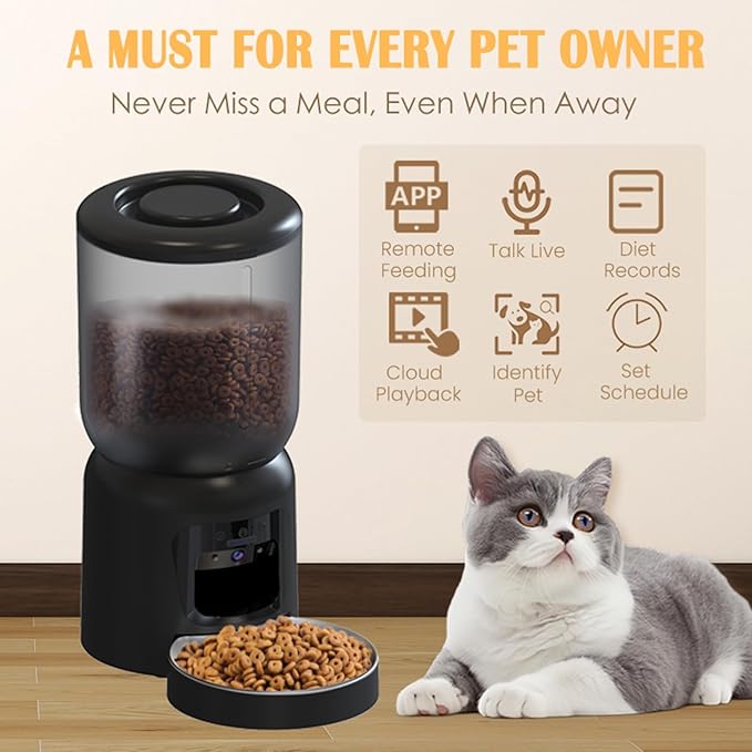 Automatic Cat Feeder with 2K HD Camera, 2.4/5G WiFi 6L Pet Feeder Automatic for Cats & Dogs, Dog Automatic Feeder APP Control, Programmable Cat Food Dispenser with Night Vision,Two-Way Audio (Black)
