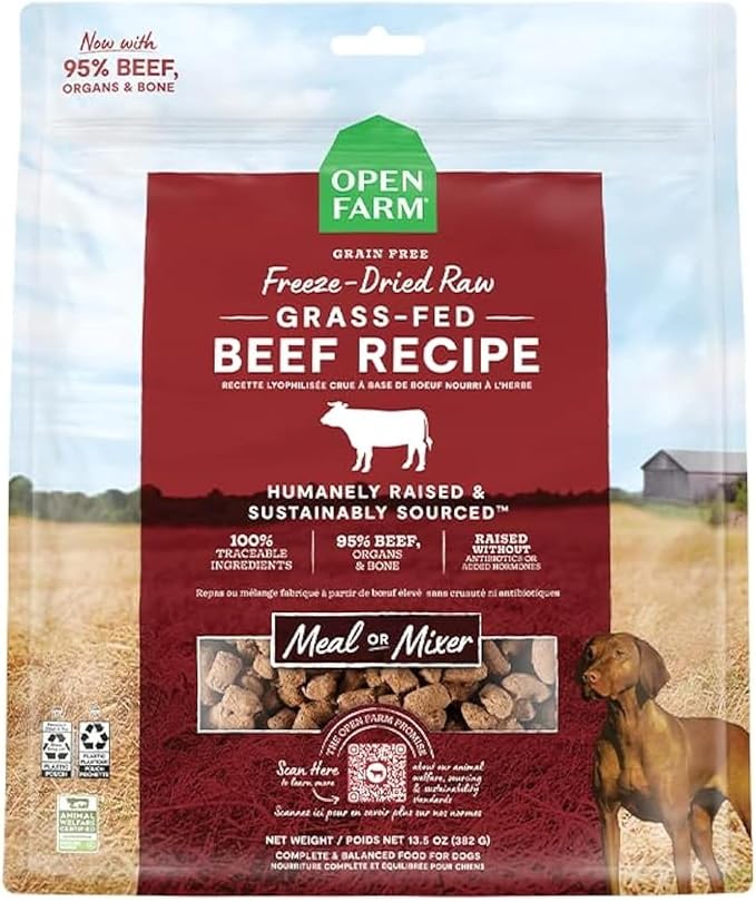 Open Farm Freeze Dried Raw Dog Food, Humanely Raised Meat Recipe with Non-GMO Superfoods and No Artificial Flavors or Preservatives (3.5 Ounce (Pack of 1), Grass Fed Beef Recipe)