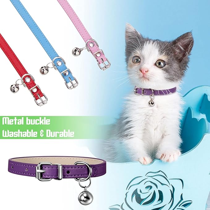 Weewooday 6 Pieces Leather Cat Collar with Bell Cute Pet Leather Kitten Collar for Boy Girl Cats with Safety Elastic Strap for Small Kitten Puppy(Classic Color)