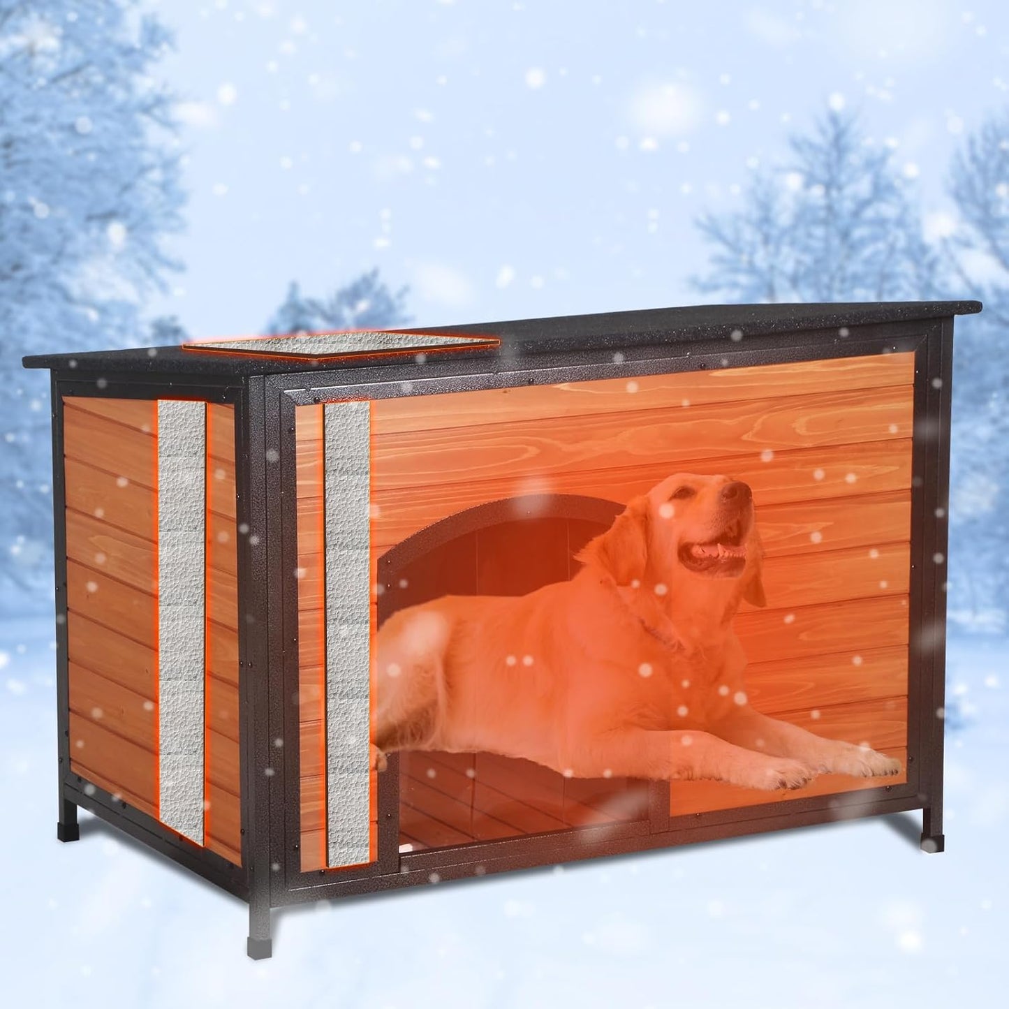 Dog House Outdoor Insulated 43.3" L Large Dog Kennel 6 Sides All-Round Foam Winter Weatherproof for Small Medium Large Dogs with Strong Metal Chew Proof Frame