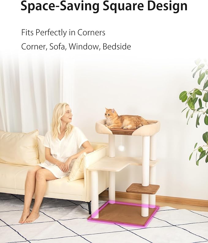 Cat Tree for Large Cats, Modern Senior Friendly Cat Tower with Wide Shelves, Cotton Scratching Posts, Super Sturdy Base, Cozy Perches, and Interactive Toys for Indoor Kittens, 37.4'' Cream.