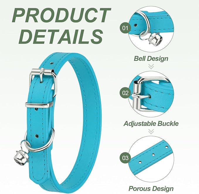 Dog Collar with Bell, Pu Leather Cat Collars Pet Basic Soft Padded Adjustable Buckle, 14.5" (Bright Blue, 1 Pcs), Intended for Teacup/Little Dog/Kitten Cats/Small Animals