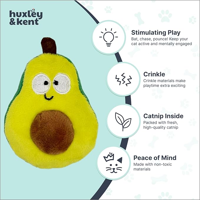 Huxley & Kent Popper Plush Cat Toy - Interactive Catnip Toy for Cats & Kittens - Treat Hiding Soft with Crinkle & Catnip - Fun Indoor Play - Avocado Popper