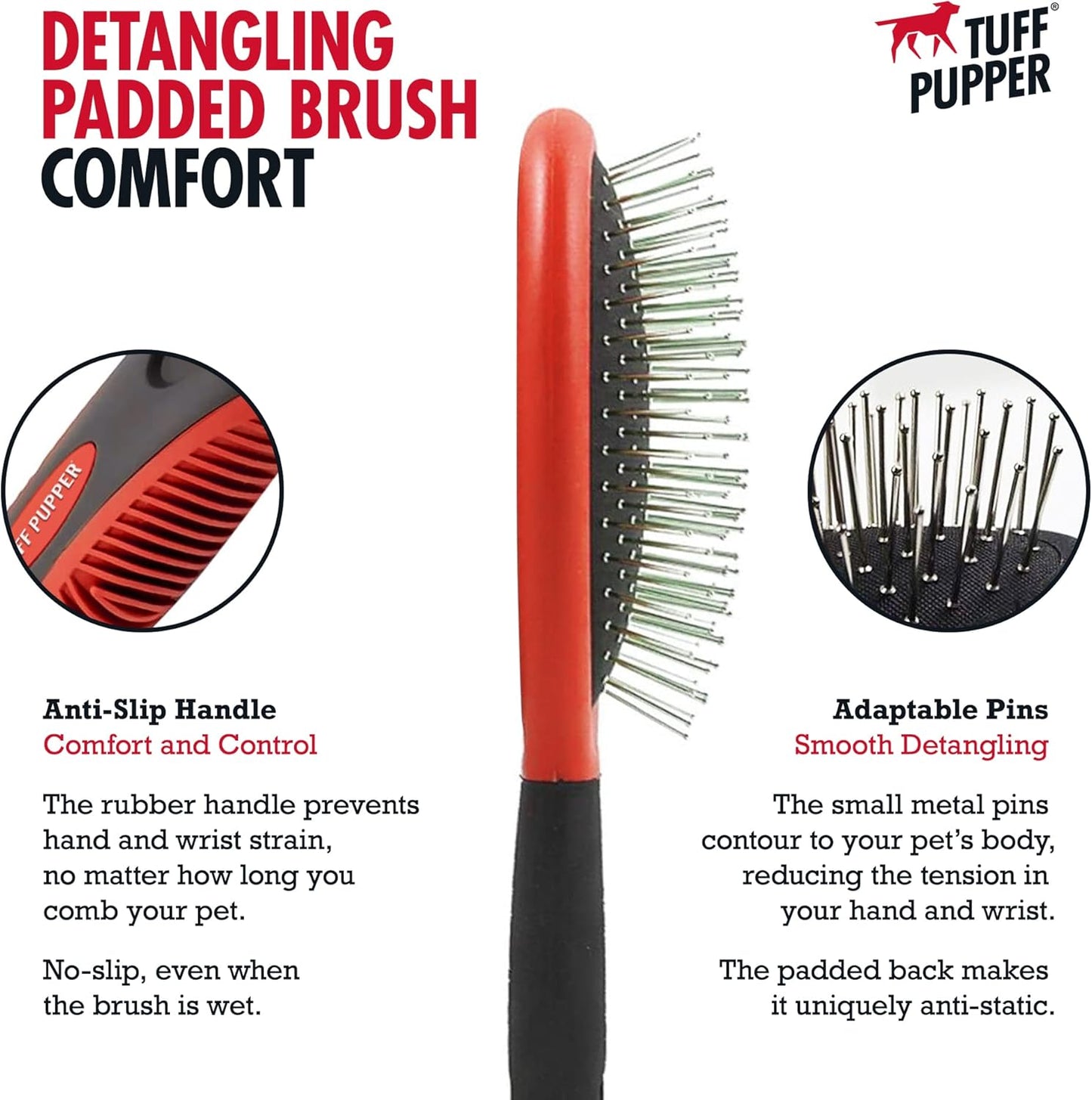 Tuff Pupper Stainless Steel Pin Brush for Long or Short Hair Pets - Detangling & Dematting Undercoat Brush for Dogs, Cats, and All Pets