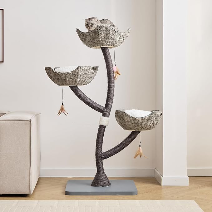 52” Tall Modern Gray Cat Tree Tower for Large Cats| Cat Scratching Posts with Hand-Woven Baskets | Luxury Cat Condo for Indoor Multiple Cats | Cat Furniture for Gifts （52” Gray ）