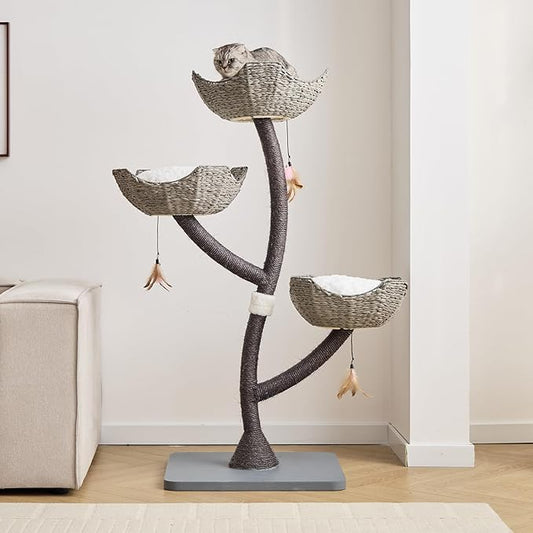 52” Tall Modern Gray Cat Tree Tower for Large Cats| Cat Scratching Posts with Hand-Woven Baskets | Luxury Cat Condo for Indoor Multiple Cats | Cat Furniture for Gifts （52” Gray ）