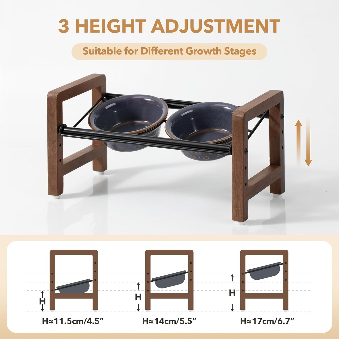 6.3inch Ceramic Adjustable Raised Double Bowls Set with Stand, 3 Heights Elevated, 2 Placement Options,Food and Water Bowls for Adult Cat Small and Medium Dog(Reactived Glaze -Grey)