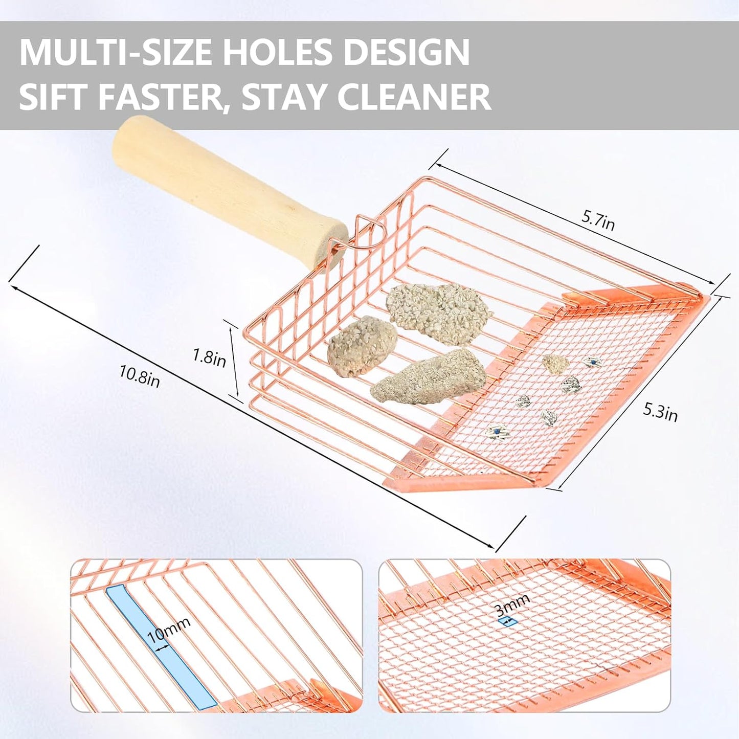 Litter Scooper, Metal Litter Scoop, Pooper Scooper with Wooden Handle, Cat Litter Scoop, Metal Scooper & Speed Sifter Deep Shovel Scoop Filter,Kitten Pooper Lifter for Litter Box