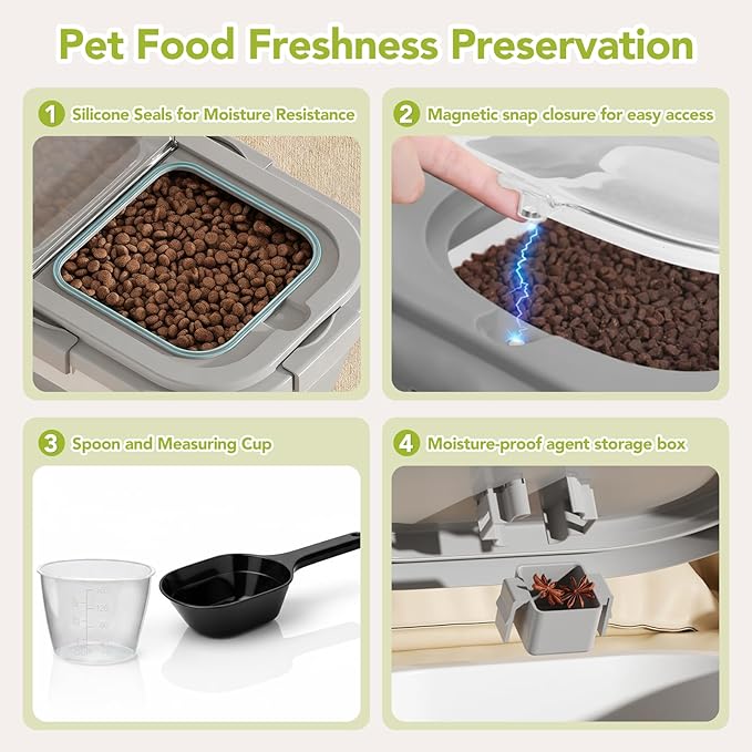 15 Lbs Dog/Cat Food Storage Container,Collapsible Food Storage Containers with Rolling Wheel Airtight Locking Lid,Pet Food Storage Container with Cup and Scoop,Grey