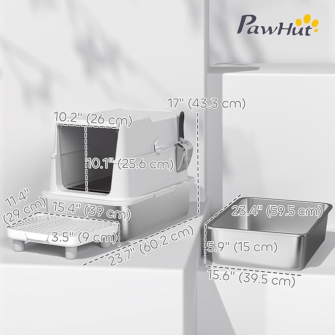 PawHut XL Stainless Steel Cat Litter Box with Lid, Extra Large Enclosed Metal Litter Box for Big Cats with Scoop, Flip Top, Easy Clean & No Odors, Non-Sticky