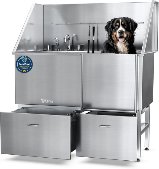 KANIS Professional Dog Washing Station - 304 Stainless Steel Pet Wash Sink & Grooming Bath Tub for Home with Ramp, Shower, Floor Grate, Storage Drawers, and Faucet for Large, Medium & Small Pets