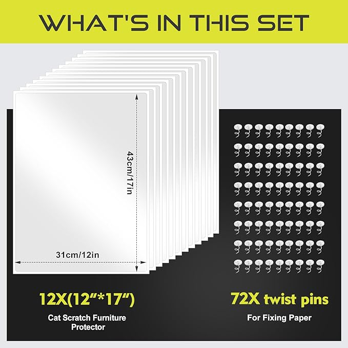 Anti Cat Scratch Furniture Protector, 12-Pack Couch Protector from Cat Claws for Sofa Corners, Walls & Doors – Heavy-Duty, Easy-to-Apply Shields with 72 Twist Pins