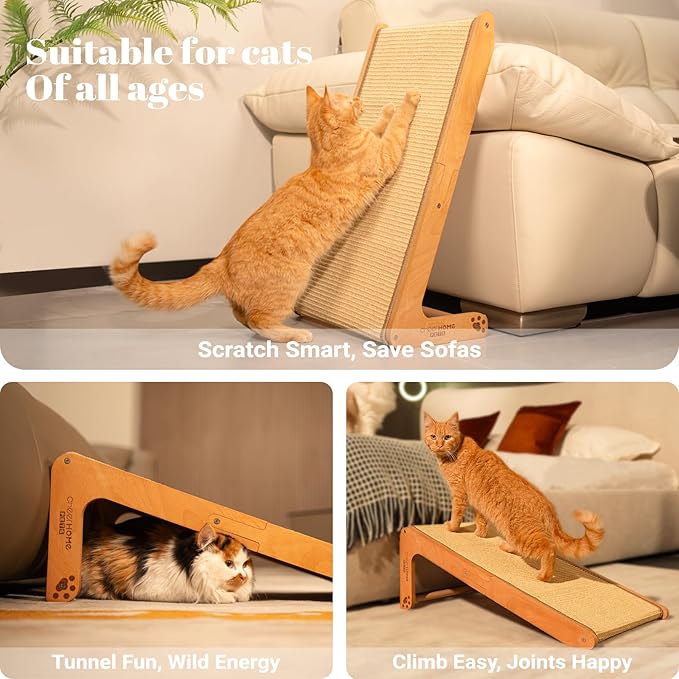 CHEERHOME PETS Sisal Cat Scratcher Ramp for Indoor Cats, 24.8" L Shape Scratching Post Climbing Vertical Cat Scratch Pad, Solid Wooden Cat Furniture(Medium)