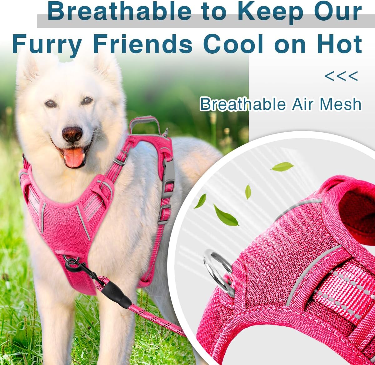 BARKBAY Dog Harness No Pull with ID Tag Pocket - Heavy Duty, Reflective, Easy Control for Large Dogs(Pink,L)