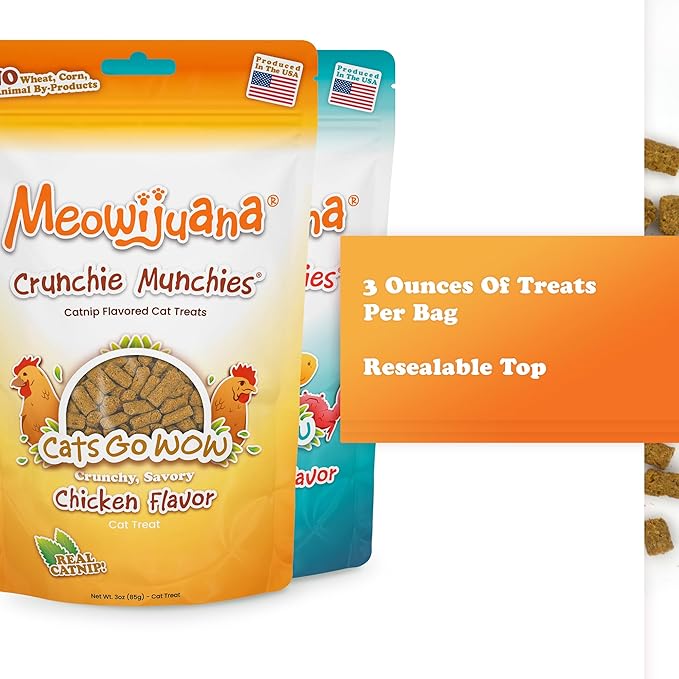Meowijuana Crunchie Munchie Catnip Treats Bundle | 2 Seafood Medley and 1 Chicken | Made with Organic Catnip | Produced in The USA | Low Calorie Cat Snack