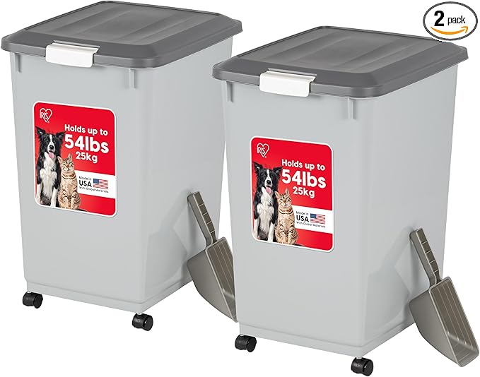 IRIS USA Dog Food Storage Container 50 lbs, 2-Pack with Wheels, Airtight Lid, 2-Cup Scoop, Double Pet Food Storage, Built in Scoop Storage in Lid, Versatile Pet Food Bin, Portable, Gray/Dark Gray
