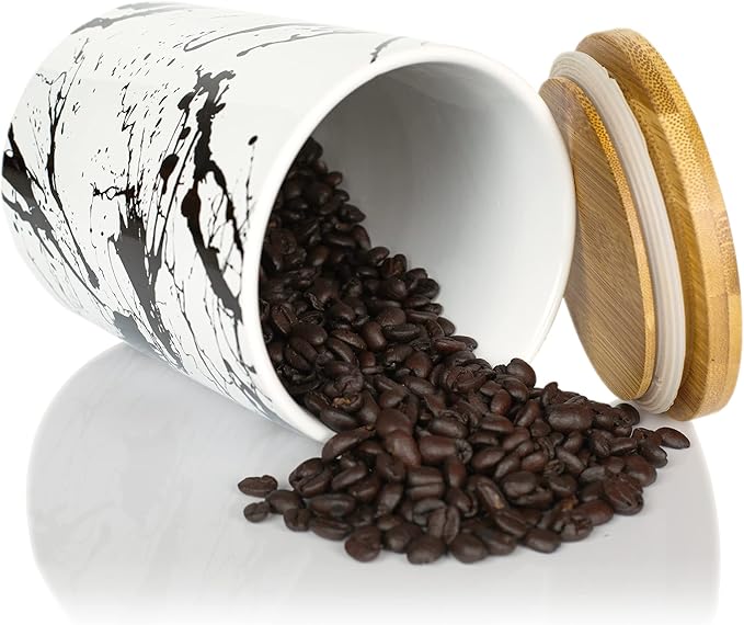 Arthausen Black Splatter Ceramic Storage Jar Canister for Flour Sugar Airtight Bamboo Lid w/Silicone Seal, Spoon - Modern Abstract Art Design for Kitchen Counter Bathroom - 4 cup / 1080mL