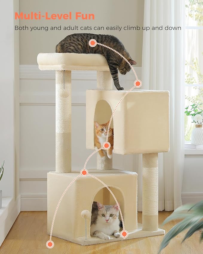 XL Cat Tree 44" Cat Tower for Large Cats 20 lbs+, 2 Spacious Caves with 3.4" Thickened Scratching Post, Large Top Perch, 2 Interactive Toys, Beige