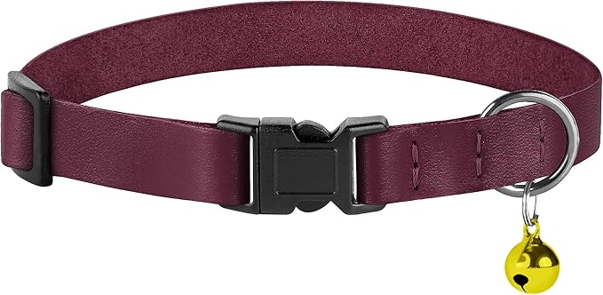 Breakaway Cat Collar with Bell - Leather Adjustable Kitten Collars with Safety Quick Release Buckle - Soft Small Pet Collars for Girl & Boy Cats (Burgundy)
