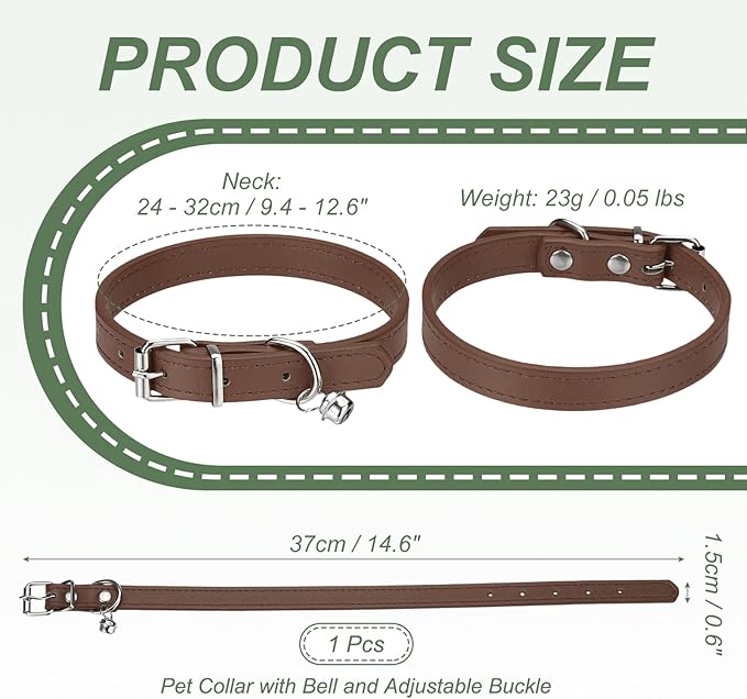 Dog Collar with Bell, Pu Leather Cat Collars Pet Basic Soft Padded Adjustable Buckle, 14.5" (Brown, 1 Pcs), Intended for Teacup/Little Dog/Kitten Cats/Small Animals