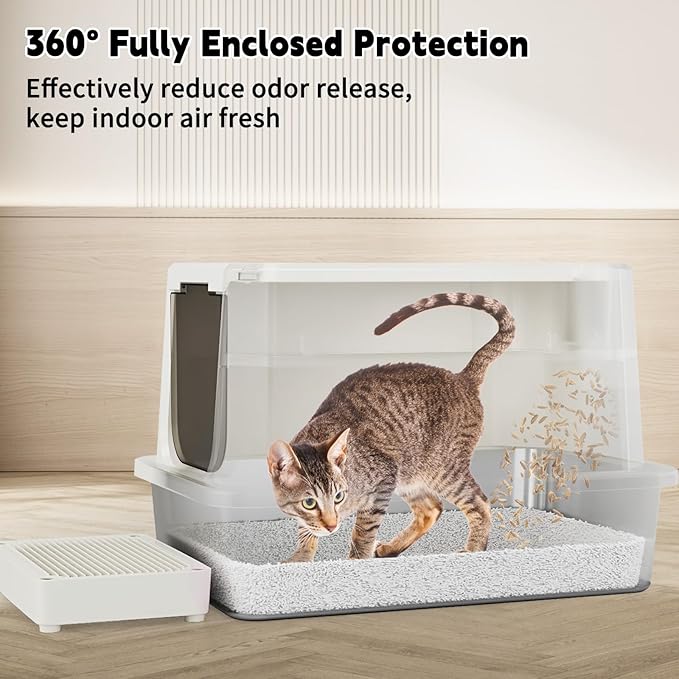 RIZZARI Stainless Steel Cat Box: Leak-Proof Large Enclosed Litter Pan Indoor Odorless Tray for Multiple Cats - Beige - for Cats Under 20 lbs - Ideal for Laundry Room Balcony