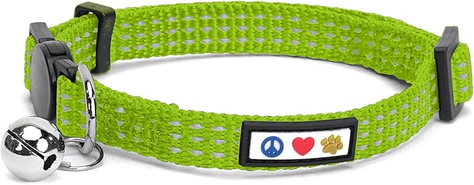 Pawtitas Reflective Green Cat Collar with Safety Buckle and Removable Bell for Kitten and Cats