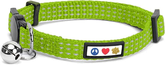 Pawtitas Reflective Green Cat Collar with Safety Buckle and Removable Bell for Kitten and Cats