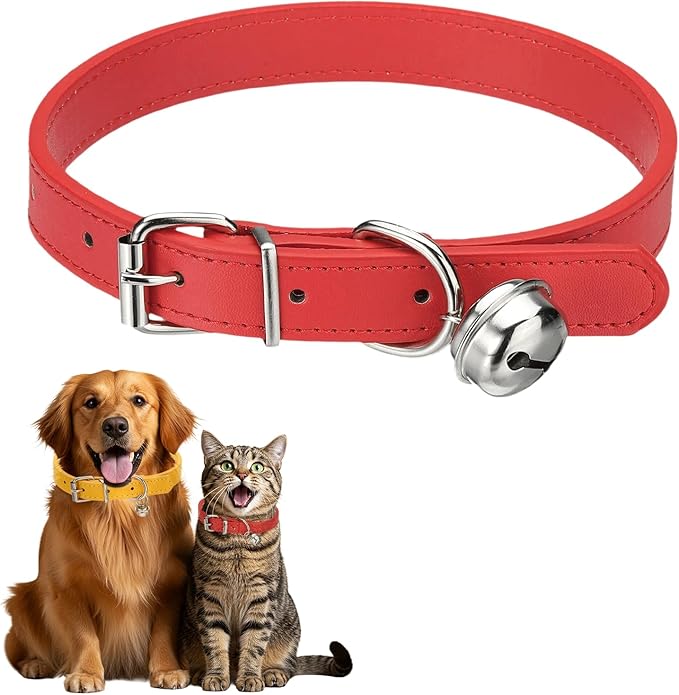 Dog Collar with Bell, Pu Leather Cat Collars Pet Basic Soft Padded Adjustable Buckle, 20" (Red, 1 Pcs), Intended for Teacup/Little Dog/Kitten Cats/Small Animals