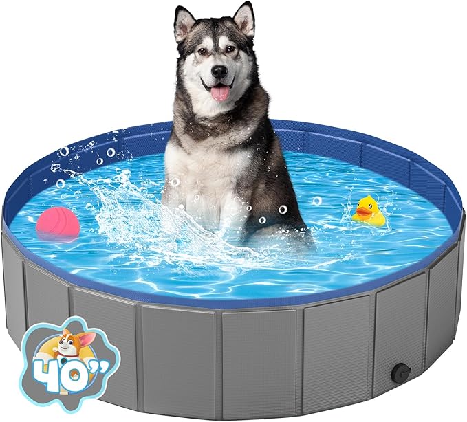 YSJILIDE Portable Dog Pool PVC Pet Swimming Pool Bathtub Collapsible Dog Pool, Hard Plastic Pool for Pets to Swim and Bath (M-39"x 12" Dark Grey)