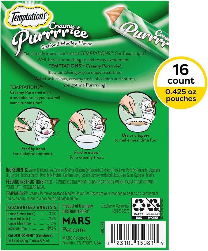 Temptations Creamy Puree Mix-Ups Squeezable Lickable Wet Cat Treats, Seafood Medley Flavor, 0.42 oz. Tubes, 16 Count