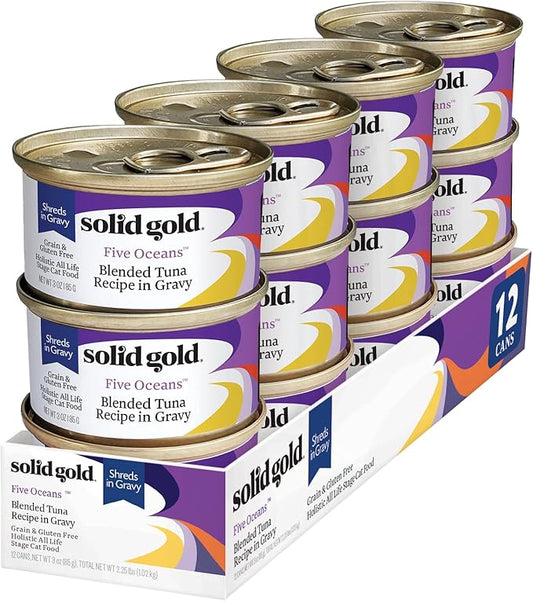 Solid Gold Five Oceans Shreds with Real Tuna in Gravy - Premium Wet Cat Food for All Life Stages, Pack of 12