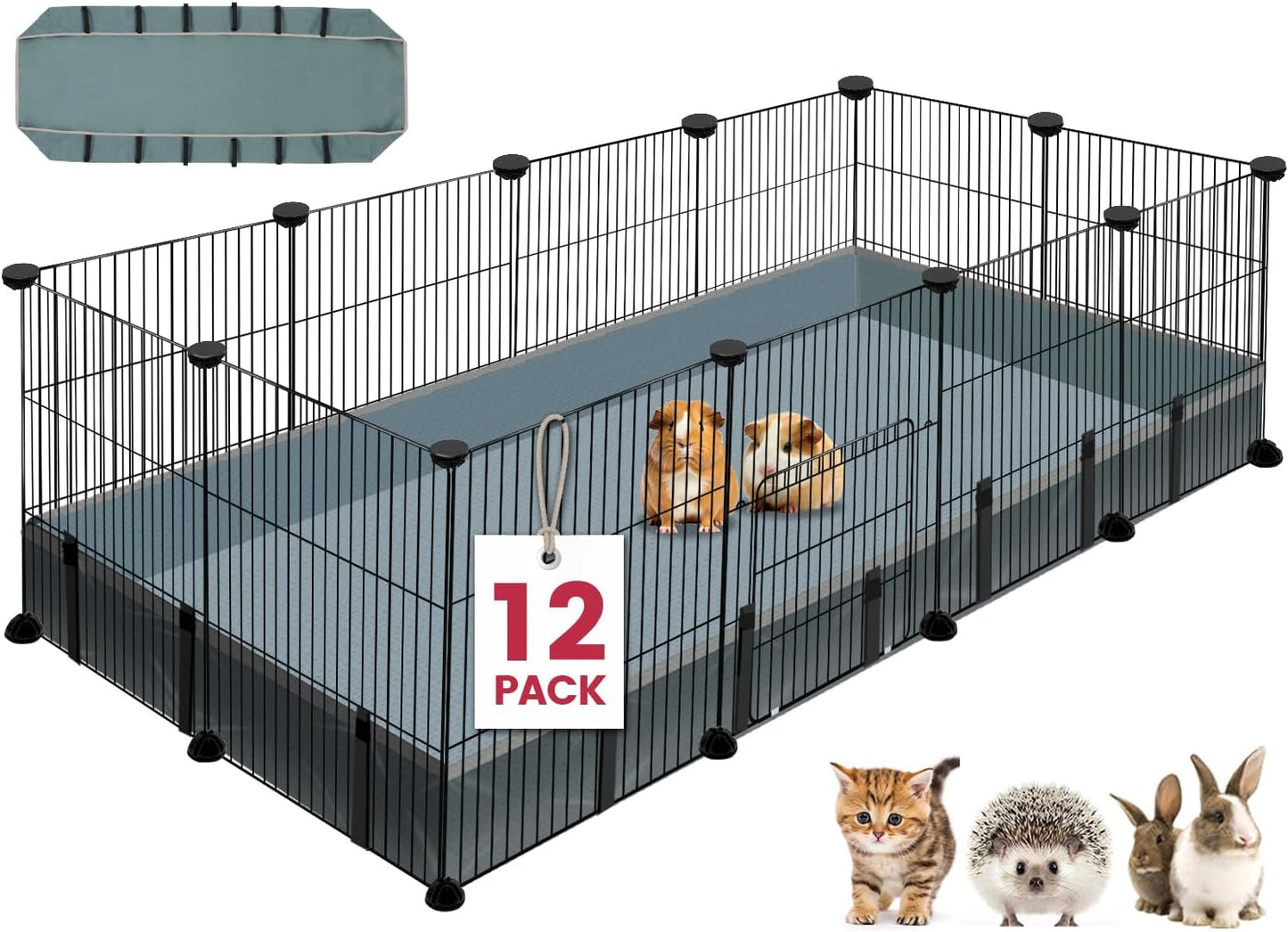 12 Panels Small Animal Playpen,Pet Playpen with Waterproof Mat,C&C Cage for Guinea Pigs,Puppy Play Pen,Bunny Playpen,Indoor Outdoor Portable Metal Wire Yard Fence