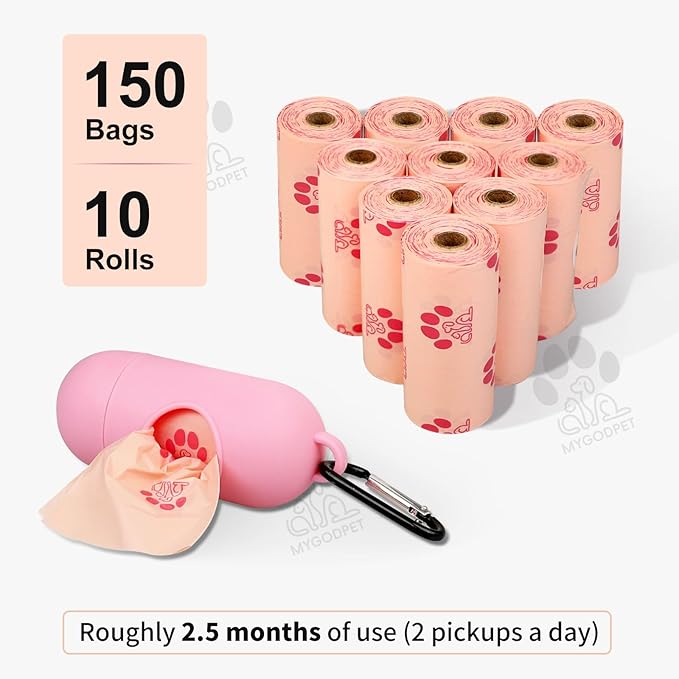 Dog Poop Bags Rolls with Dispenser 150 Count Biodegradable Poop Bags for Dog and Cat Cherry Blossom Scented Waste Bag Leak Proof Doggie Poop Bag Doggy Trash Bag Pink