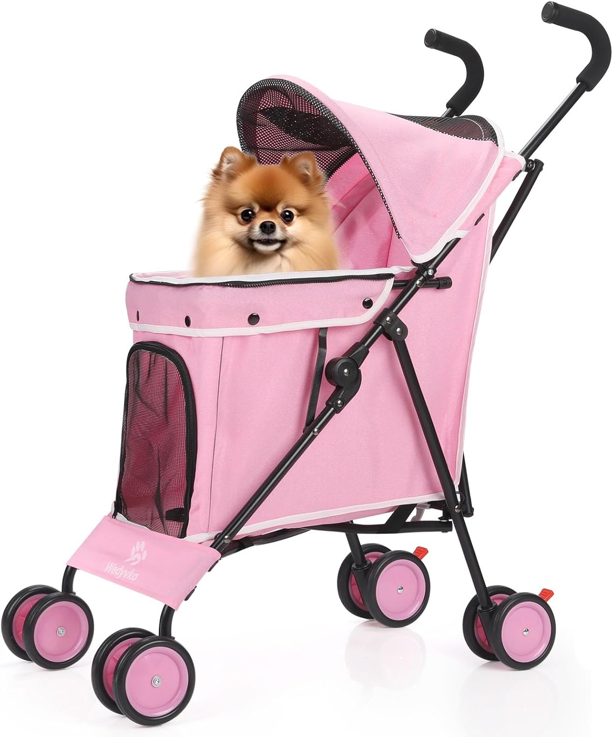 Umbrella Dog Stroller, 4 Wheels Pet Strolling, Foldable Carrier Pet Stroller for Small Dogs Cats, with Carrying Strap and Cup Holder, Dog Poop Bags & Dispenser, Up to 33 lbs, Pink