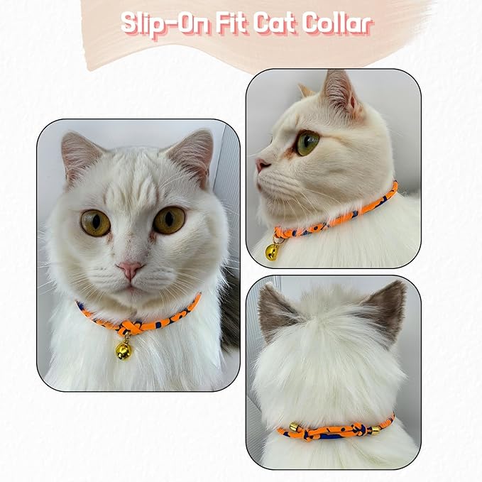 Handmade Halloween Cat Collar with Bell – Adjustable Slip-On Design, No Buckle, Lightweight Rope Collar for Kittens, Indoor Cats, and Small Pets (Pumpkin)