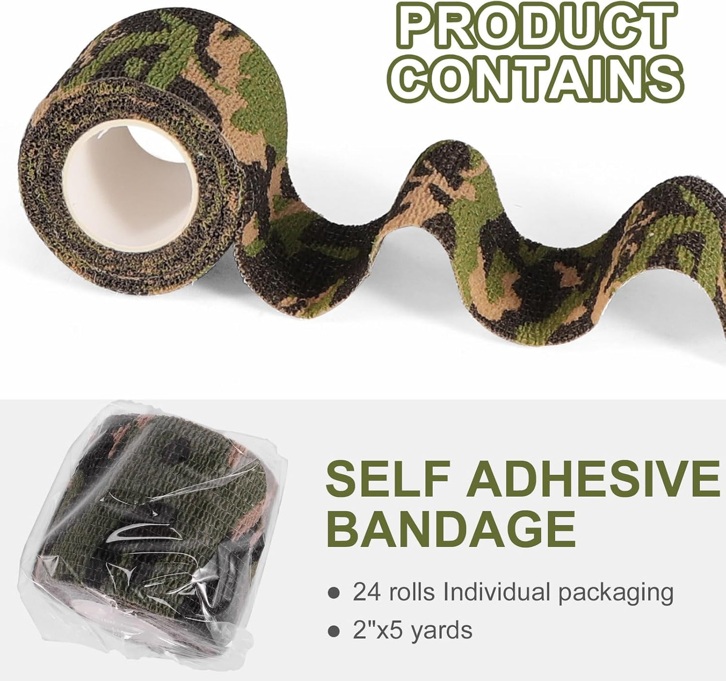 24 Pack Camo Self Adhesive Wrap, 2” x 5 Yards Vet Wrap Cohesive Camo Grip Tape Medical Wrap Self Adherent for Ankle, Wrist Sprains, Pet First Aid