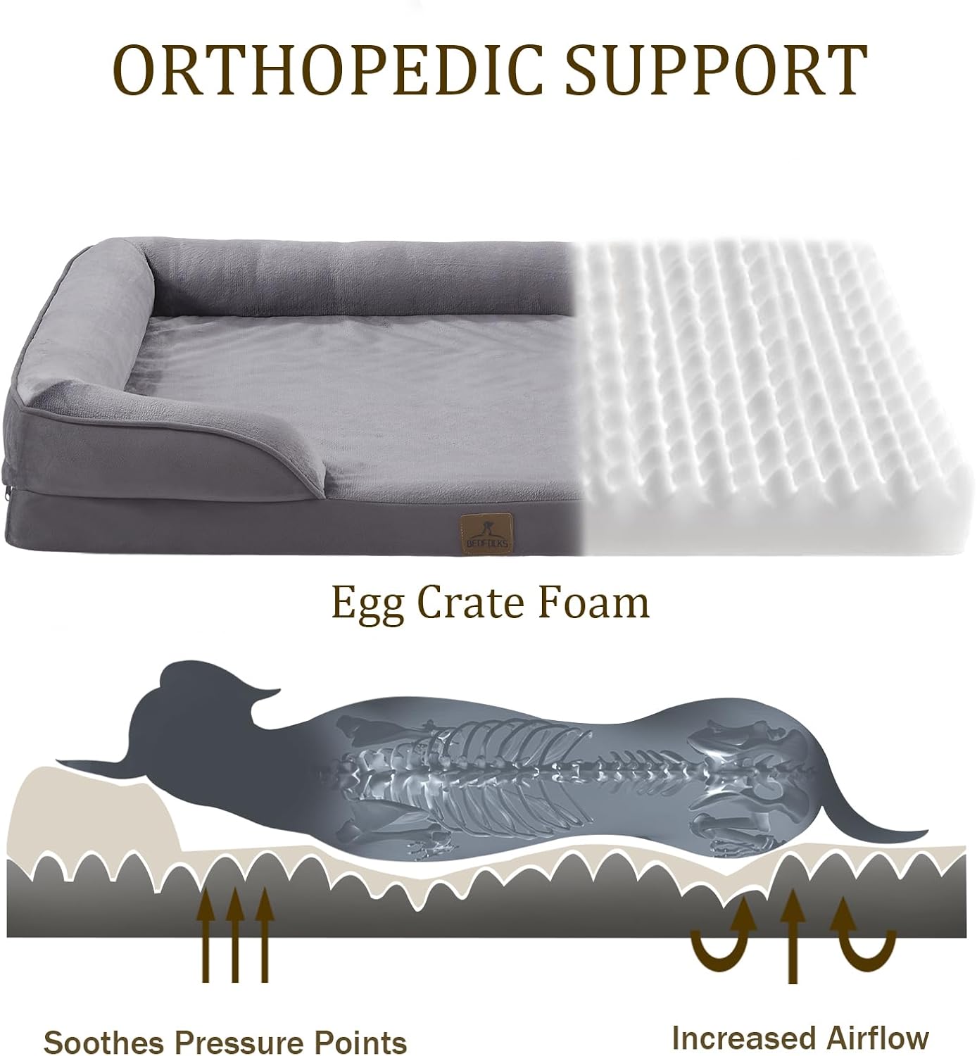 Bedfolks Orthopedic Dog Bed, Waterproof Dog Sofa Bed for Extra Large Dogs, Egg Foam Pet Couch Bed with Removable Washable Cover and Nonslip Bottom, Dark Grey