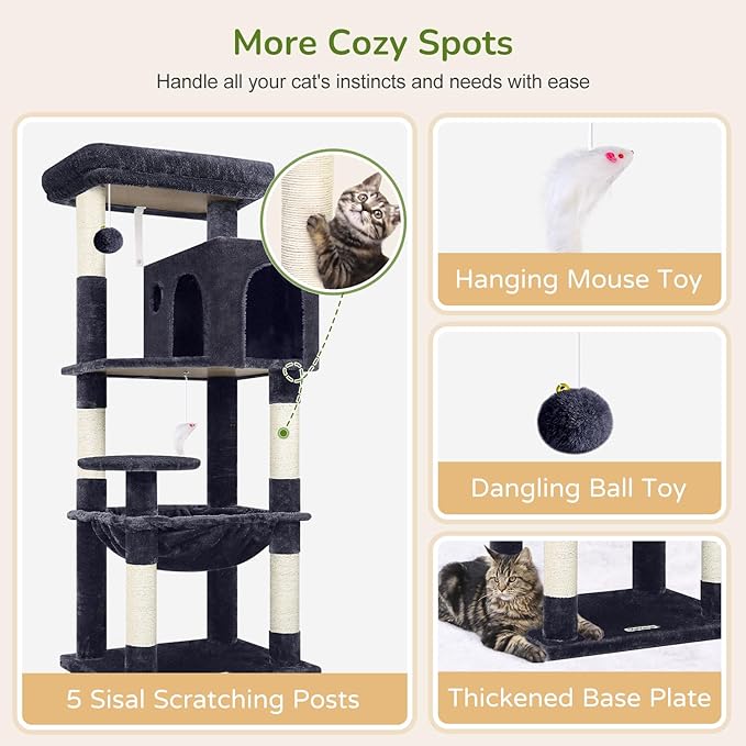Globlazer Cat Tree Tower with Scratching Post for Indoor Cats, 53inch Tall Plush Multi-Level Cat Climbing Tower Condo House with Large Hammock, Spacious Cat Condo, Big Padded Top Perch, F53, Dark Gray