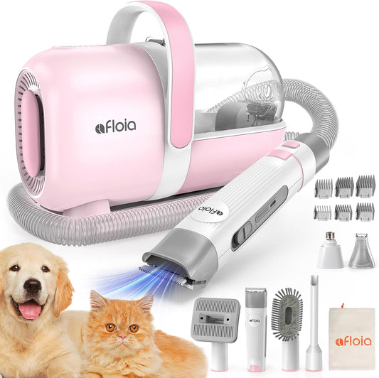 Afloia 6-in-1 Dog Grooming Kit, Pet Grooming Vacuum for Shedding, Dog Hair Vacuum with Clipper Nail Trimmer Grinder, Pet Brush Groomer at Home, Low Noise Cats Hair Remover, 1.5L Dust Cup, Pink