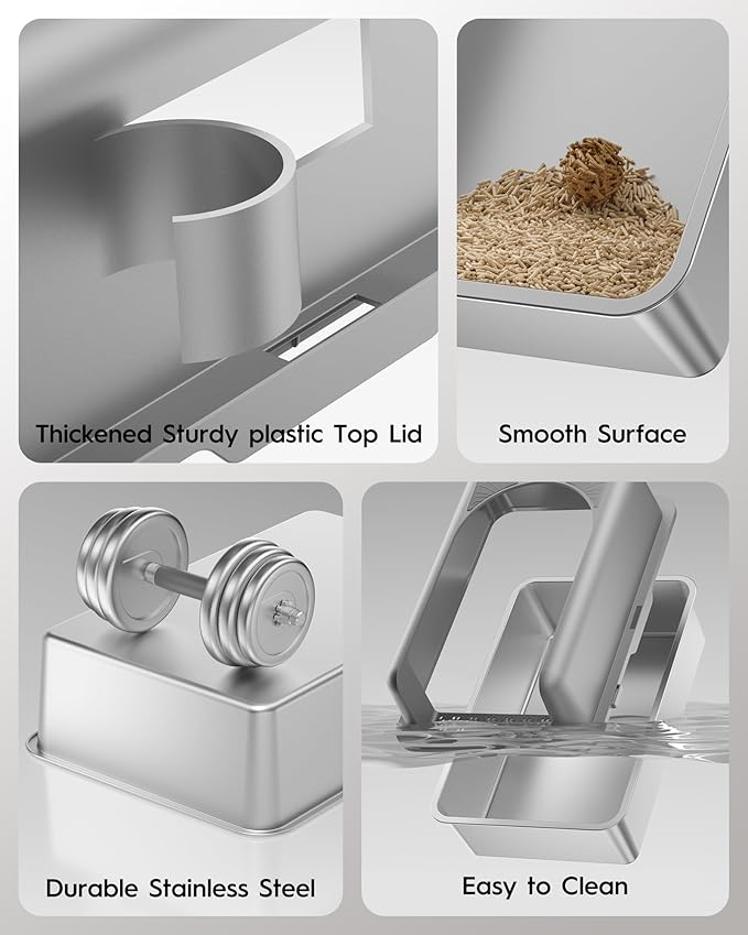 Stainless Steel Cat Litter Box, Extra Large Enclosed Litter Boxs for Big Cats, XL Metal Cat Litter Box with Lid, High Sided, Non Stick, No Smell, Easy to Clean, Included Scoop
