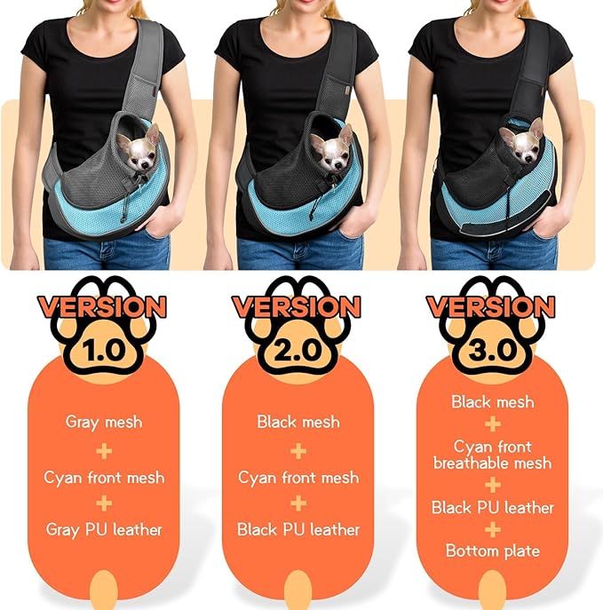 YUDODO Pet Sling Carrier for Small Dogs & Cats – Hands-Free Puppy Carrier with Safety Hook, Large Zipper Pocket, Soft Breathable Mesh, Adjustable Strap & Reflective Strip (Cyan 1.0 M)