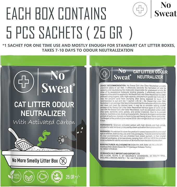 No Sweat Cat Litter Odor Neutralizer, Coconut Shell, Unscented, 5 Packs in One Box, 125 GR