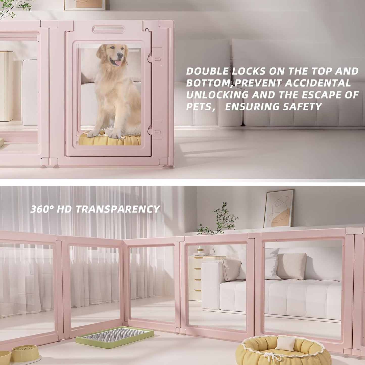 DIY Clear Acrylic Dog Playpen House,Quick Easy Assembly and Disassembly,Strong Floor Suction,Indoor and Outdoor Use,Easy Cleansing Puppy Fence (Skin Pink, 30.3" H, 8PCS)