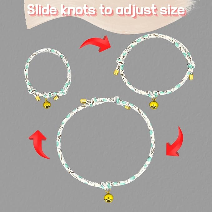 Handmade Cotton Spring Cat Collar with Bell – Adjustable Slip-On Design, No Buckle, Lightweight Rope Collar for Kittens, Indoor Cats, and Small Pets (Leaf-Mint)